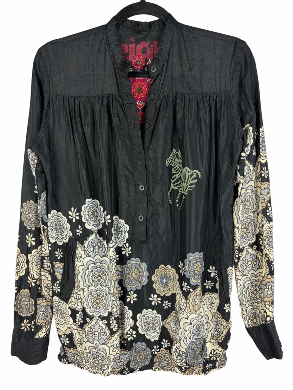 Desigual Black Floral Zebra Print Viscose Tunic Blouse Long Sleeve Pockets Large